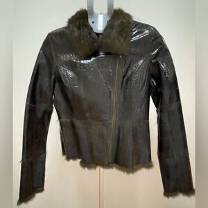 Blanc Noir Dark Green Faux Patent Leather Jacket with Faux Fur Lining